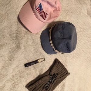2 hats, 1 winter head warmer, 1 keychain
